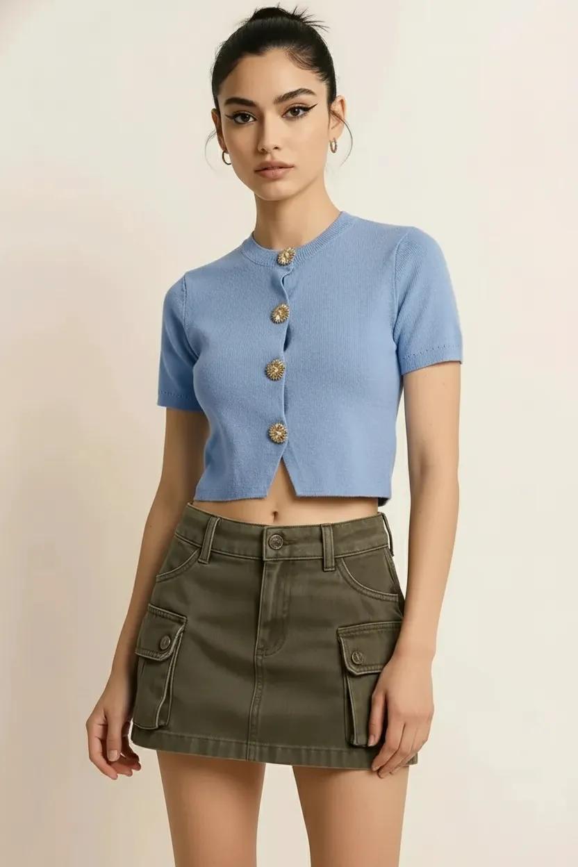 Knitted Crop Button Top