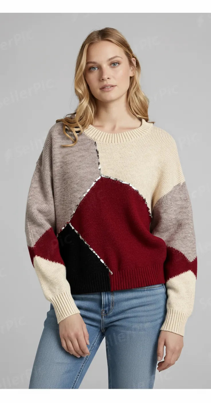 Woman wearing a colorful sweater with a gray background