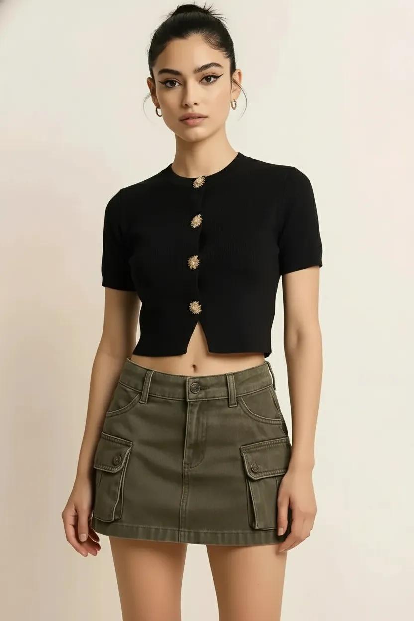 Knitted Crop Button Top