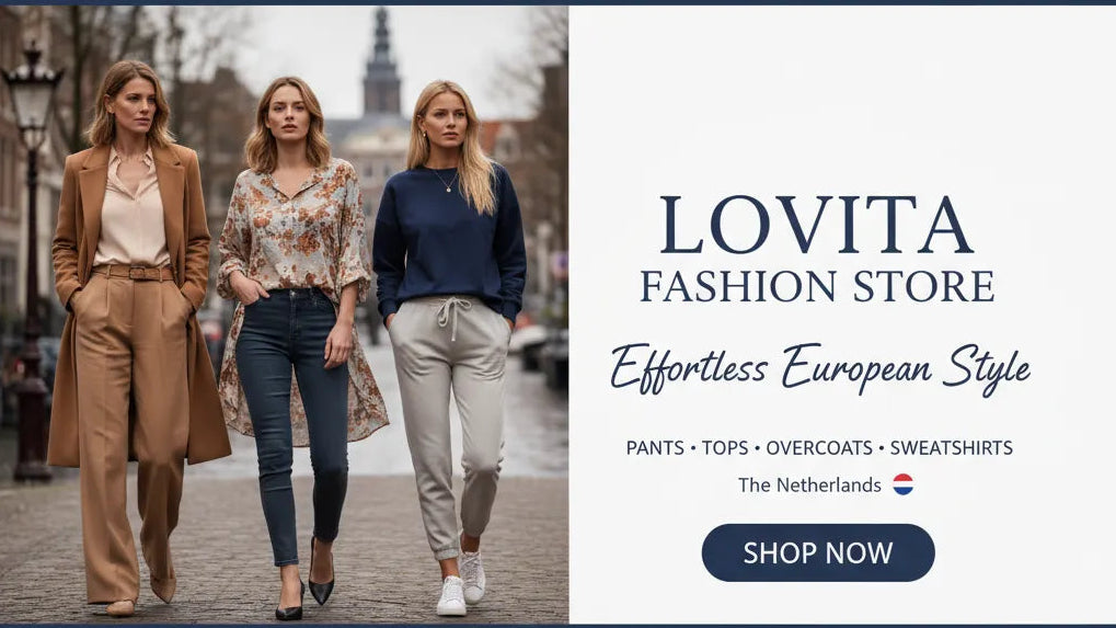 Three women walking together with Lovita Fashion Store advertisement on the right.