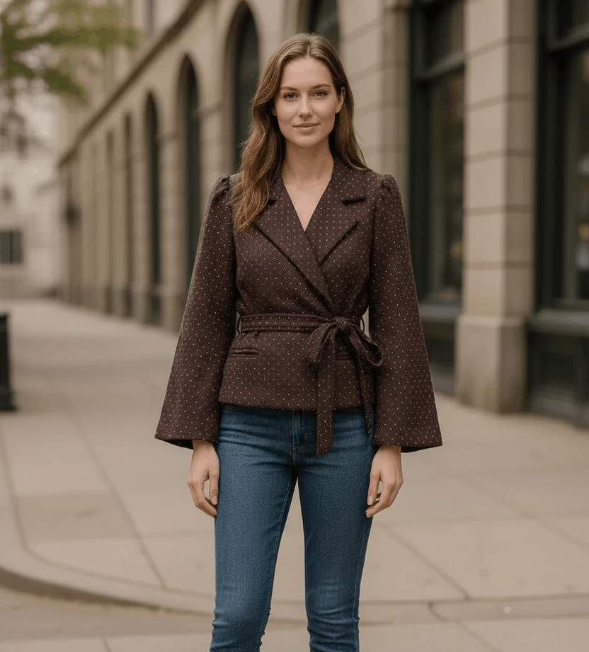 Woman wearing a brown blazer and blue jeans standing on a city street.