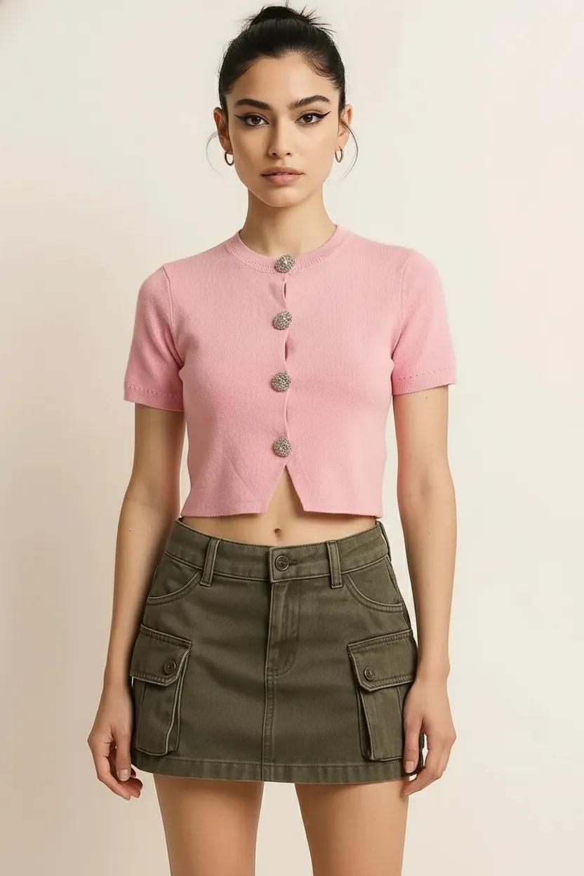 Knitted Crop Button Top